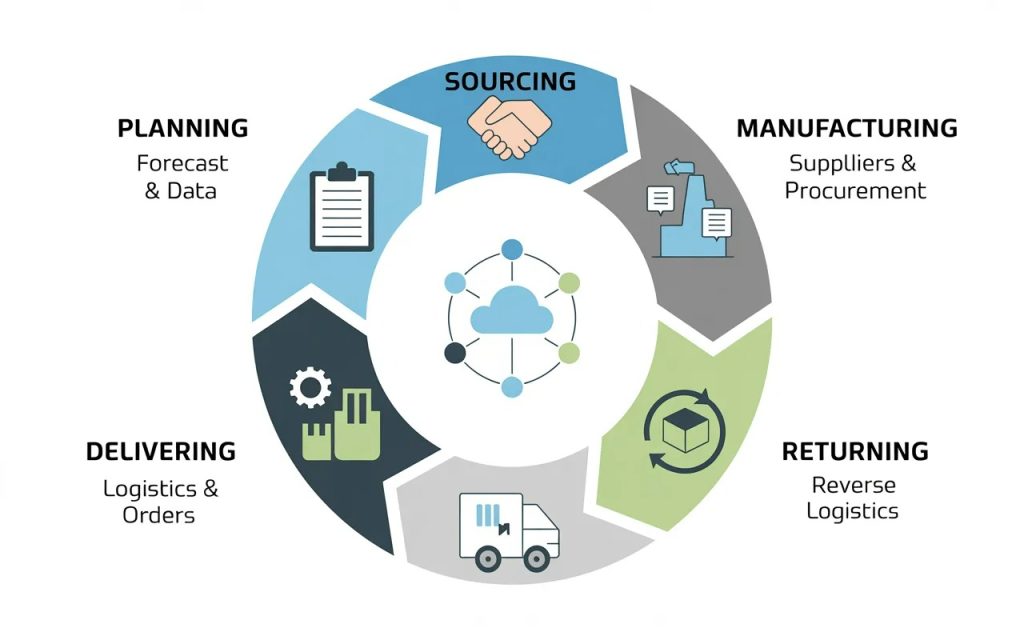 Supply chain management diagram showing Planning, Sourcing, Manufacturing, Delivering, and Returning connected around central SCM software.