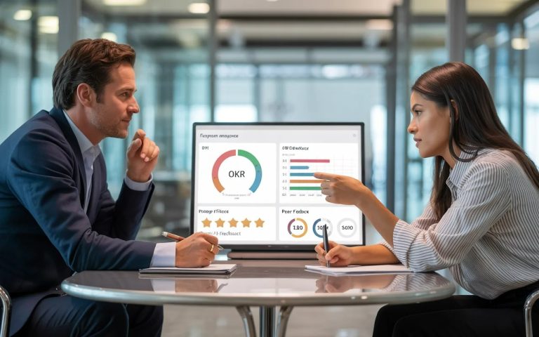 Manager and employee engaged in a one-on-one performance review meeting, reviewing OKR progress charts, KPI results, and 360-degree feedback data on a tablet in a glass-walled corporate meeting room
