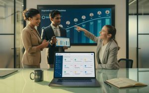 HR professionals collaborating around a talent management system dashboard in a thriving modern office, with an employee lifecycle journey displayed on a wall screen representing the full TMS workflow from recruiting to retention