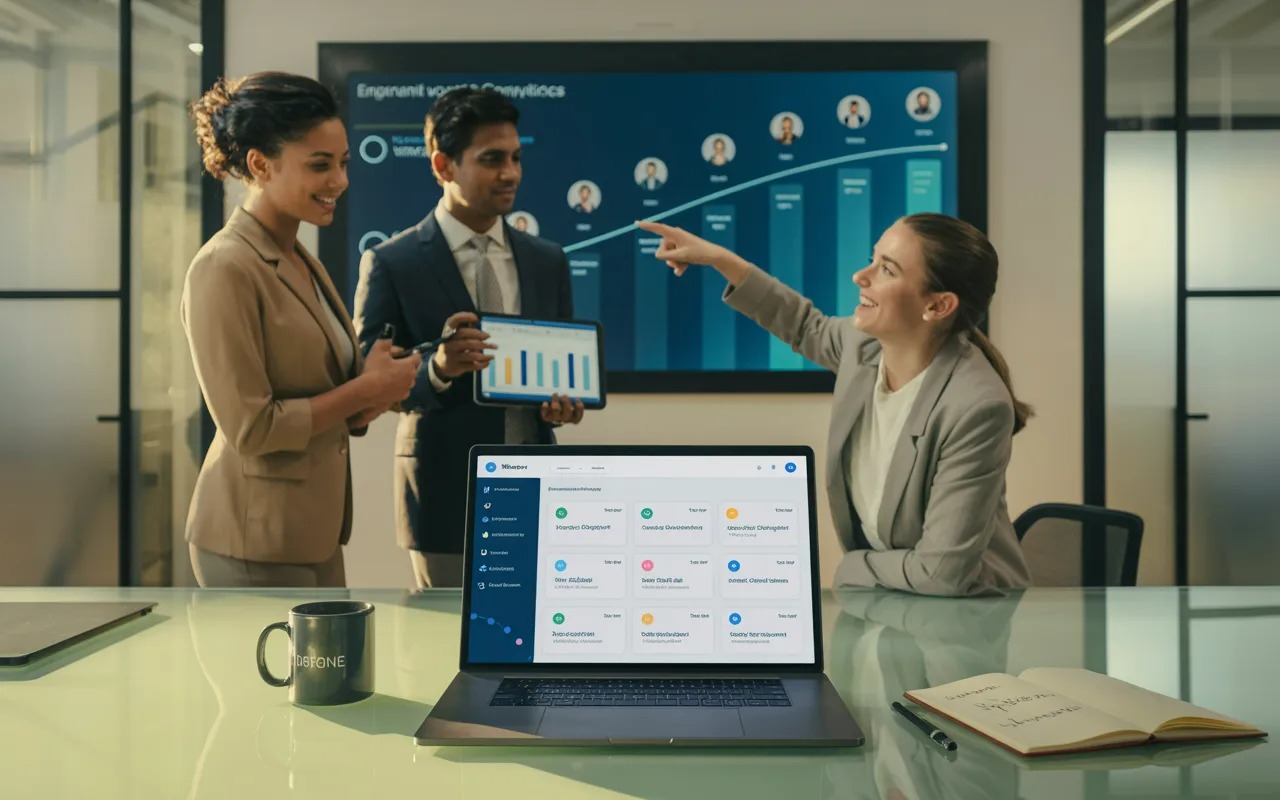 HR professionals collaborating around a talent management system dashboard in a thriving modern office, with an employee lifecycle journey displayed on a wall screen representing the full TMS workflow from recruiting to retention