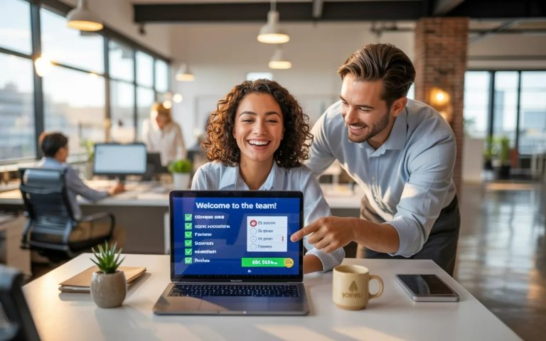 New female employee smiling at a digital onboarding portal on her laptop while a friendly colleague guides her through the process on her first day in a modern welcoming office