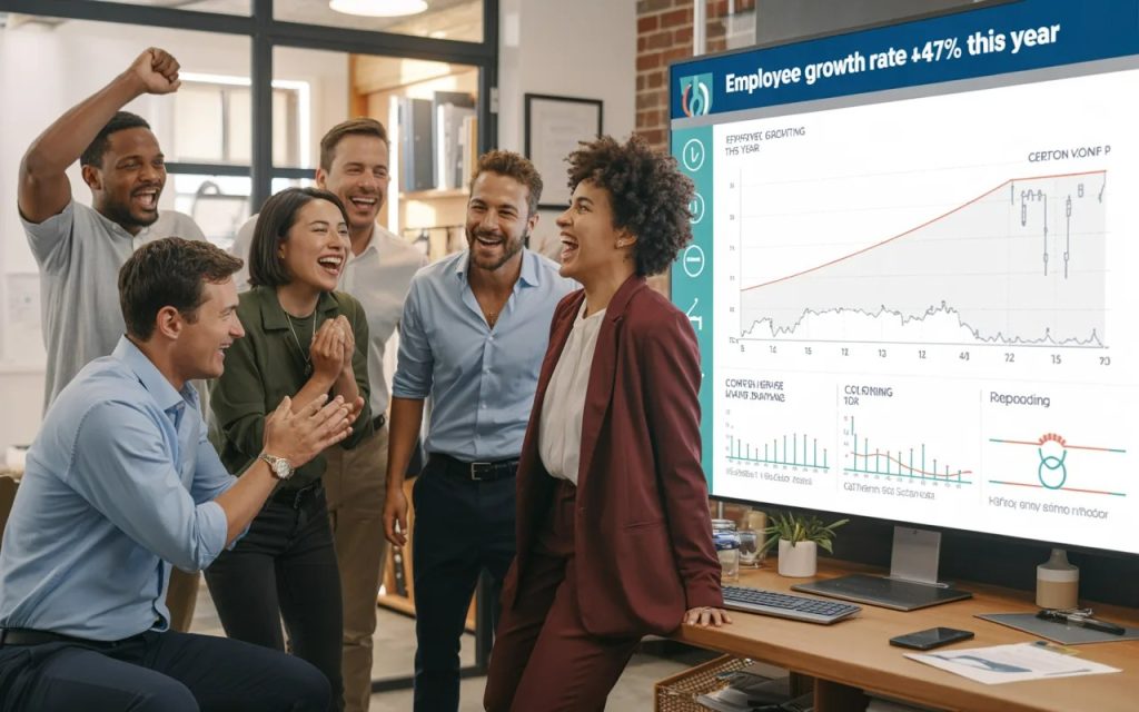 Diverse team of HR professionals celebrating a 47% employee growth rate milestone shown on a talent management dashboard in a vibrant modern office, capturing the real impact of a TMS from hiring through employee retention and development