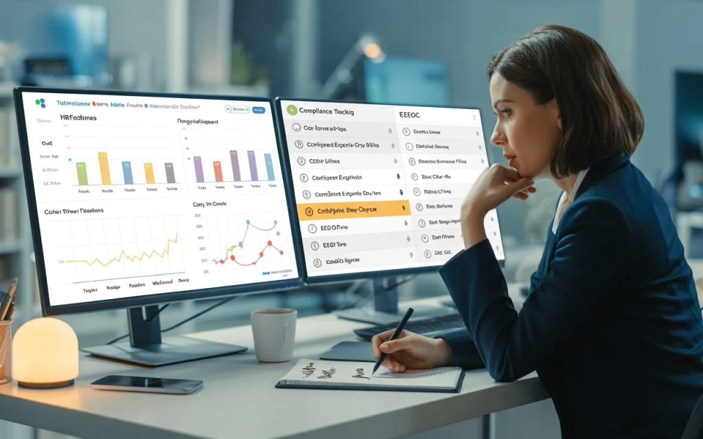 Female HR professional intently analysing employee turnover trends, engagement heatmaps, and compliance certification reports across dual monitors in a modern corporate office