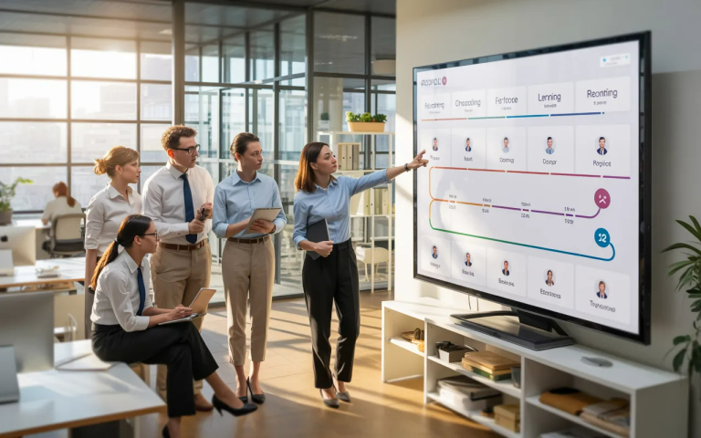 Diverse HR team reviewing a talent management system dashboard showing the full employee lifecycle pipeline in a bright modern corporate office
